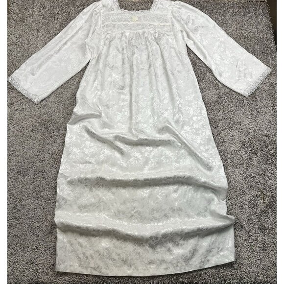 VTG CHRISTIAN DIOR Gown Long‎ White Jacquard Satin Lace Nightgown Slip Dress M - Picture 1 of 10